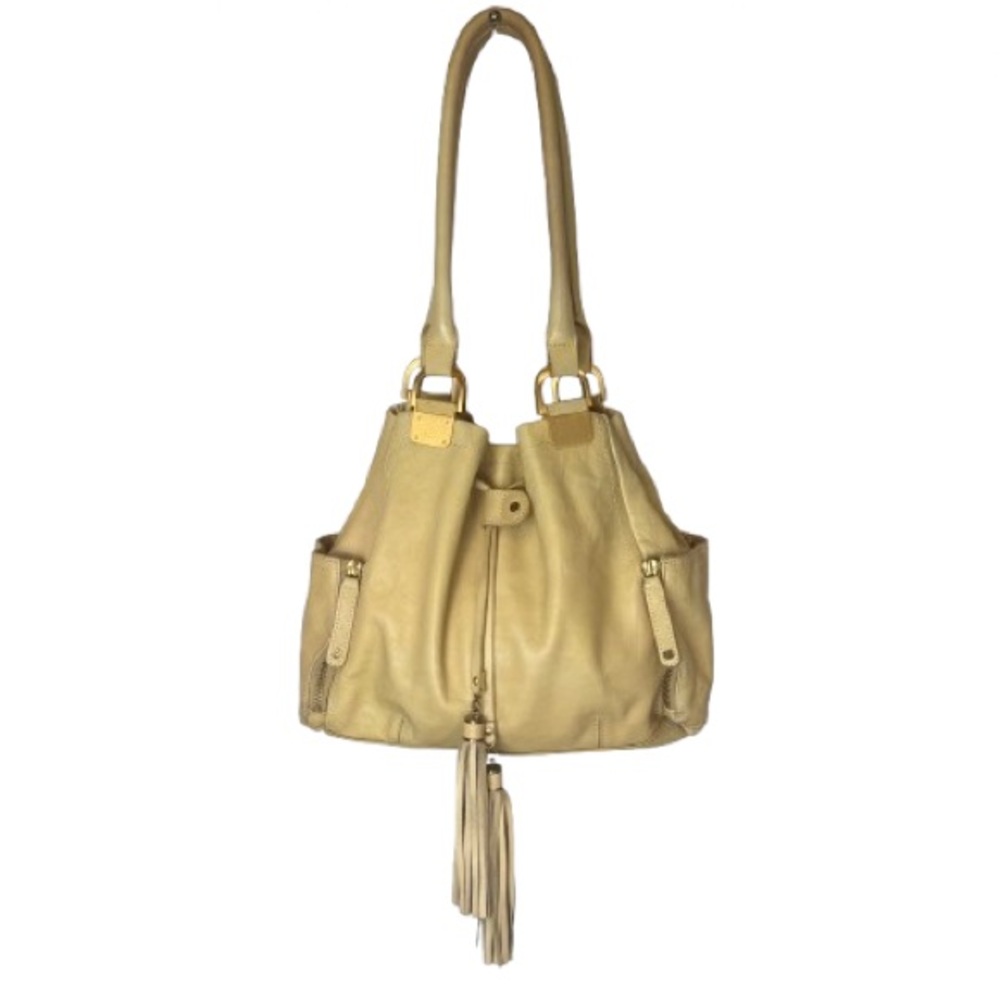 Pelle Studio Butter Yellow Italian Leather Tassel Drawstring Tote Bag Boho Y2K